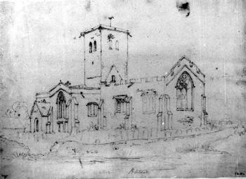 Bletsoe church seen from the south-east around 1820 [Z49/1069]